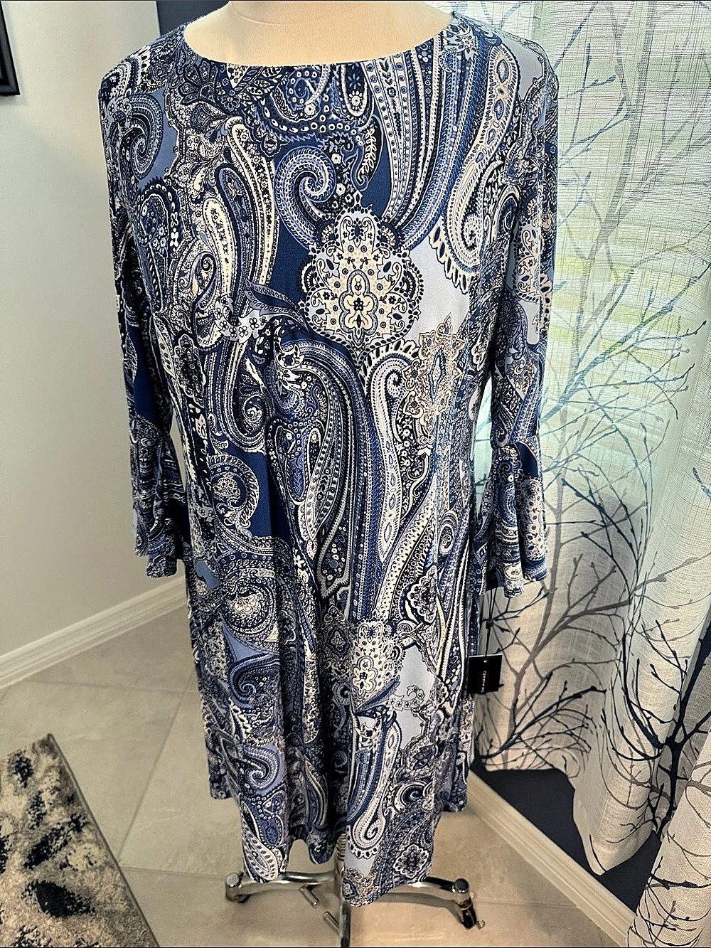 Tommy Hilfiger Paisley Long Sleeve Mini Dress in Blue & White Size 16 NWT